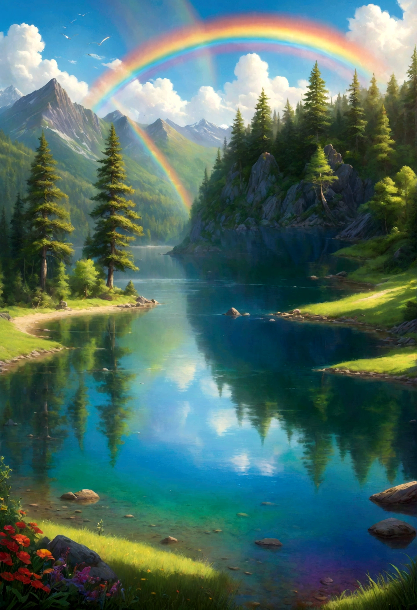 A photorealistic painting of a crystal-clear lake with a rainbow arching over its surface, casting a vibrant array of colors. Lush green forests surround the lake, and a legend whispers of mystical powers hidden within its depths. --v 6.0 --ar 9:16