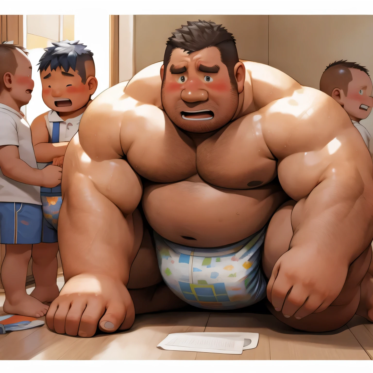 masterpiece, Top quality, in 32K, perfect anatomy, hyper detailed, super fine illustration, The thick man is a brutal prisoner, retarded, hairy human, 50yo in Japan, (fatness: 1.0), Fatty muscle, Bowleg, disappointment, incontinent, be diaper check by children, waddle, There is a small puddle under him, incontinent, Naked, short legs, Bowleg, spread legs, wear a White cloth Diaper, Bare belly, Bare legs, Bare foots, Bare soles, Shirtless, wide forehead and short thinning hair, Man with round face with stubble, Bare foots, Bare soles, shy, sissy, Weaker than children, Drool, Round face, steams, Solo, He enters nursery school and is despised by children, He surrounded by children, His bottom is wet, Bare foots, big butt, he is scolded by the children, White Diaper, He surrounded by children, sobbing, wear a White cloth Diaper, shirtless, There is a small puddle under him, He enters nursery school and is despised by children, big butt, sobbing, He crawling to go to children, on all fours, side view