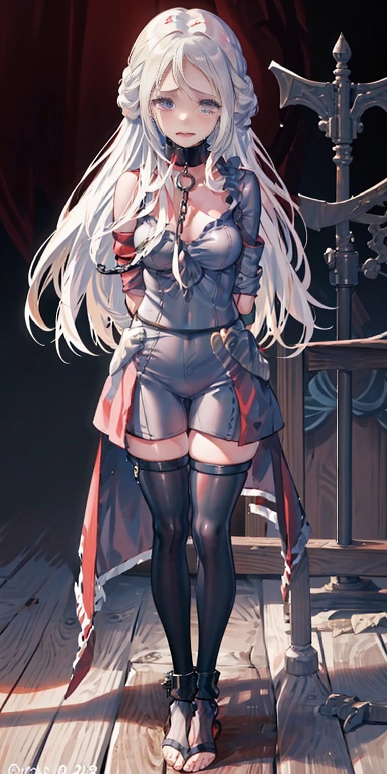 (masterpiece, best quality), intricate details, 1girl, 1girl in, age19, Solo, Long hair, Colossal, Looking at Viewer, whitish silver hair (standing full body toe to head by wooden pole:1.2) iron collar, arms behind back, iron cuffs, shackles, bound, bondage outfit, harness, o-ring, bondage outfit blindfolded, happy red cheeks, chain leash collar choker neck bell shackles wristbands bracers bracelets, cleave gag, sad face, red cheeks, crying tears, painful (she was sold and betrayed by her own family) BSDM BALLGAG