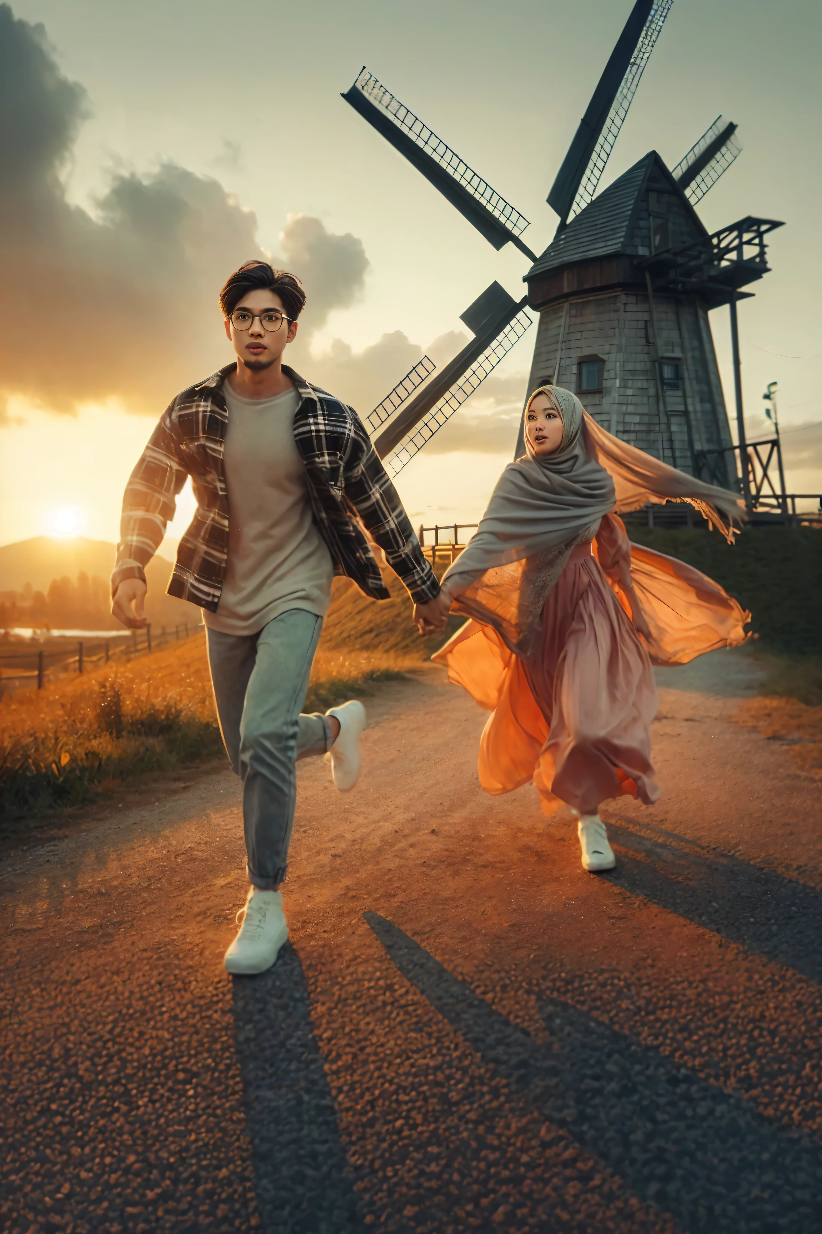 they are running down the road with a windmill in the background, taken at golden hour, cinematic photo shoot, shot at golden hour, cinematic photoshooting, profile picture 1024px, with sunset, cinematic photo, inspired by Rudy Siswanto, mid shot portrait, cinematic. by leng jun, 8k artistic portrait photography, during golden hour