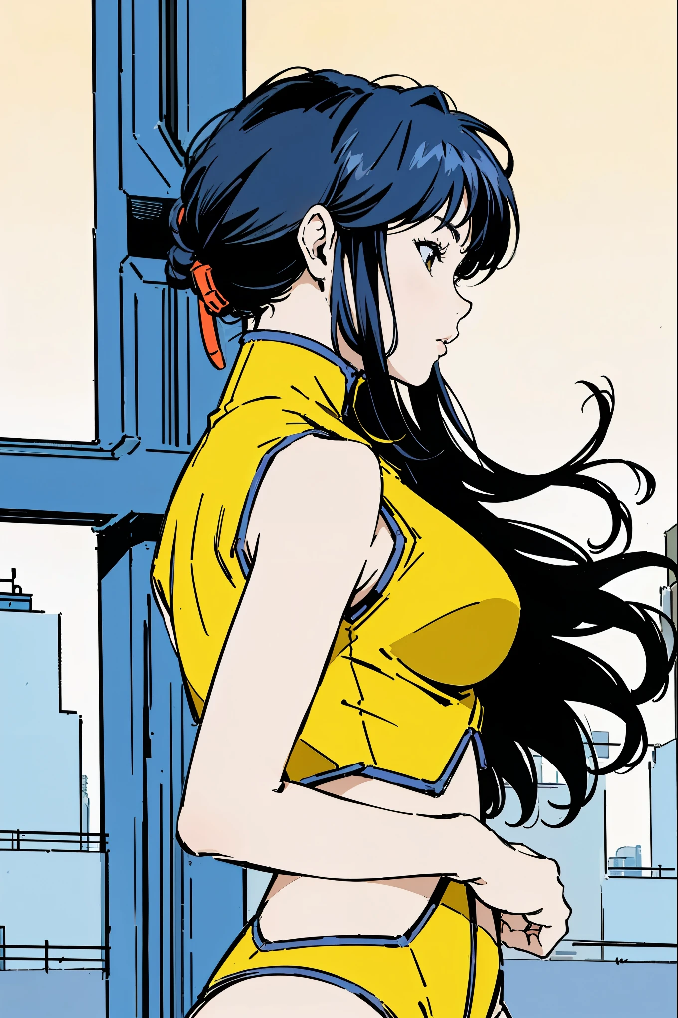 (best quality:1.2,highres,ultra-detailed), detailed face and body of Yuri from The Dirty Pair, stunning Asian beauty, expressive brown eyes, luscious lips, long flowing blue hair, (skimpy yellow outfit), (revealing cleavage), confident and sexy pose, (cyberpunk-inspired city background), neon lights illuminating the scene, vibrant colors, (futuristic and edgy atmosphere), stylish and sleek architecture, dynamic angles and composition, (sci-fi and anime fusion), perfect beauty 、profile、Upper Body、Large Breasts