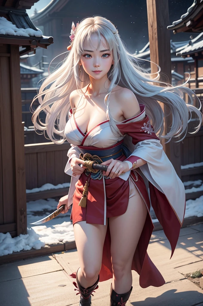 highest quality、8k Masterpiece、超A high resolution、(Photorealistic:1.3)、RAW Photos、1 girl、Plain crimson Japanese kimono、geta、Silvery white super long hair、Long Hair、Glowing Skin、1. Super beautiful female samurai soldiers、((Ultra-Realistic Details))、Portrait、Global Illumination、Shadow、Octane Rendering、8k、Super sharp、Beautiful breasts、Metal、Cold colors、、Very intricate details、Realistic Light、CGSoation Trend、Beautiful Eyes、Shining Eyes、Looking into the distance、Neon Details、20age、Too beautiful face、Intelligence、Obscene、Sexy、Moe、smile、whole body、Healthy Body、The background is Yoshiwara at night during the Edo period.、On the roof、love、Charm、mischievouore sexy、Hands on chest、Make your background more vibrant、Fantasy、Angle to toes、Whiter skin、Standing posture、More realistic facial features、smile、Retrospective、wide shot、full body、More realistic Japanese faces、Hair flowing in the cold wind、Japanese sword