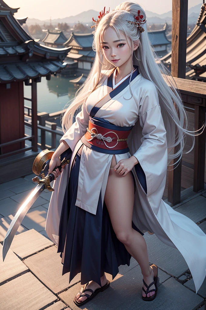 highest quality、8k Masterpiece、超A high resolution、(Photorealistic:1.3)、RAW Photos、1 girl、Plain crimson Japanese kimono、geta、Silvery white super long hair、Long Hair、Glowing Skin、1. Super beautiful female samurai soldiers、((Ultra-Realistic Details))、Portrait、Global Illumination、Shadow、Octane Rendering、8k、Super sharp、Beautiful breasts、Metal、Cold colors、、Very intricate details、Realistic Light、CGSoation Trend、Beautiful Eyes、Shining Eyes、Looking into the distance、Neon Details、２０age、Too beautiful face、Intelligence、Obscene、Sexy、Moe、smile、whole body、Healthy Body、The background is Yoshiwara at night during the Edo period.、On the roof、love、Charm、mischievouore sexy、Hands on chest、Make your background more vibrant、Fantasy、Angle to toes、Whiter skin、Standing posture、More realistic facial features、smile、Retrospective、wide shot、full body、More realistic Japanese faces、Hair flowing in the cold wind、Japanese sword