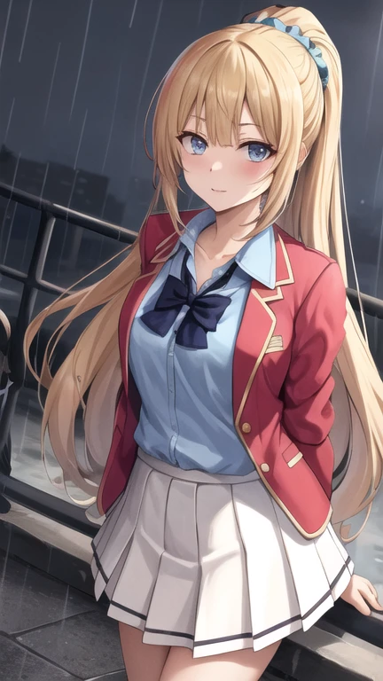 masterpiece, best quality, highres, bbkei, long hair, blonde hair, ponytail, hair scrunchie, collarbone, blue bowtie, collared shirt, blue shirt, red jacket, blazer, open jacket, long sleeves, pleated skirt, white skirt, from side, rain, wet, night, street, standing,