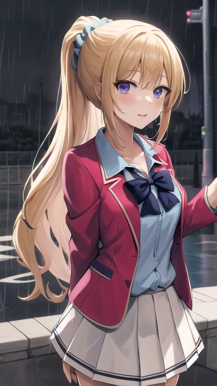 masterpiece, best quality, highres, bbkei, long hair, blonde hair, ponytail, hair scrunchie, collarbone, blue bowtie, collared shirt, blue shirt, red jacket, blazer, open jacket, long sleeves, pleated skirt, white skirt, from side, rain, wet, night, street, standing,
