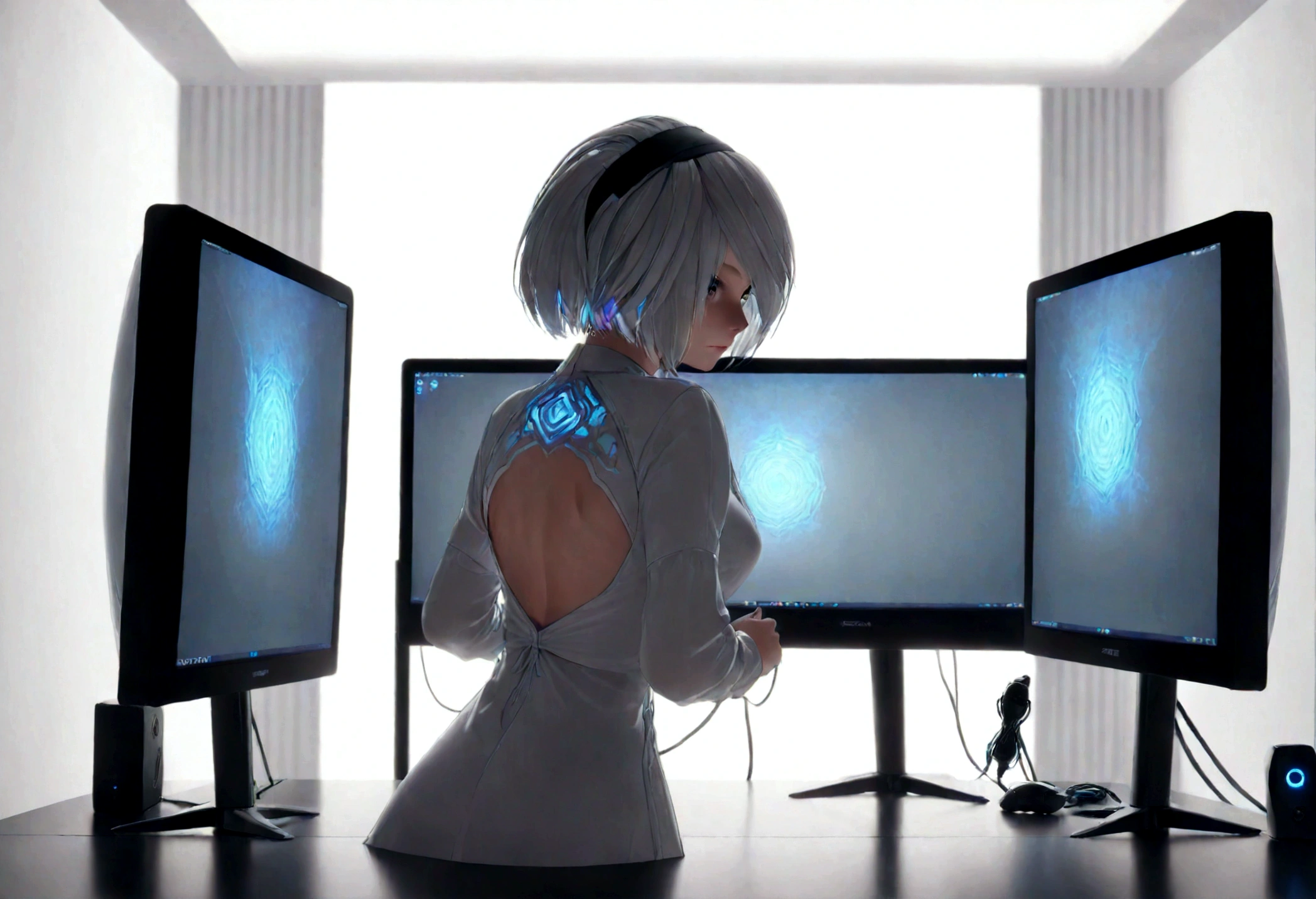 A gaming PC, a room bright with LED lights, a female gamer, a simple and cute room, a beautiful and cute woman using a PC, a woman, ((PC monitors are only 1 horizontal and 1 vertical) ), blue and white theme, the room has white walls and blue LED lights on the four corners of the room, there is a woman from behind in the center of the screen, 8k, super sharp focus, (((For women Screen ratio Raise))), woman looking at a PC from behind in the center, headphones, microphone, neon lights, black lights, masterpiece, top quality, volume lighting, bright and fun atmosphere,