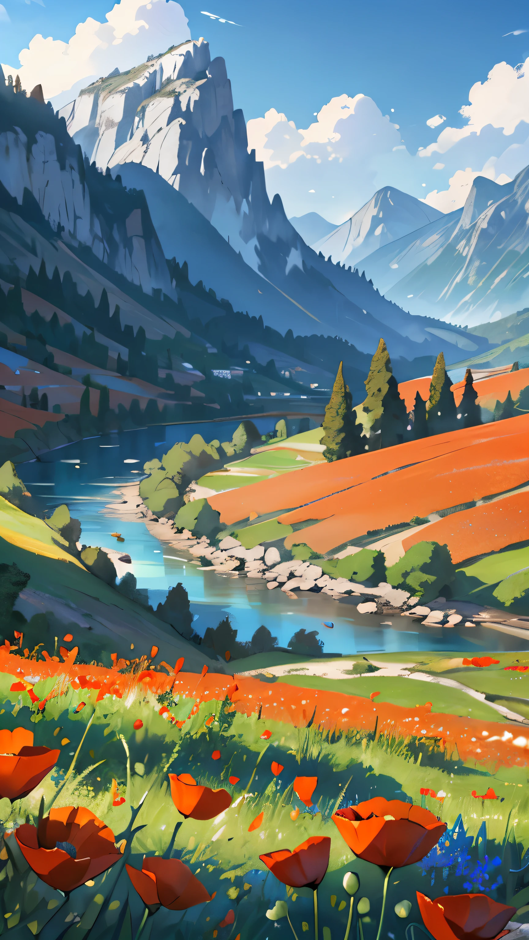 ((Best quality)), ((masterpiece)), (detailed), France,Provence,Mountain landscape,Mountains,River,field of poppies,close-up,Boke,