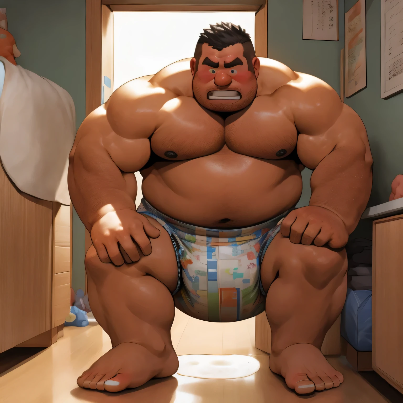 masterpiece, Top quality, in 32K, perfect anatomy, hyper detailed, super fine illustration, The thick man is a brutal prisoner, retarded, hairy, human, 50yo in japan, (fatness: 1.0), Fatty muscle, Bowleg, disappointment, incontinent, be diaper check by children, There is a small puddle under him, Naked, short legs, Bowleg, spread legs, wear a White cloth Diaper, Bare belly, Bare legs, Bare foots, Bare soles, Shirtless, wide forehead and short thinning hair, Man with round face with stubble, Bare foots, Bare soles, shy, sissy, Weaker than children, Drool, Round face, He enters nursery school and is despised by children, He is made to stand attention in the corner of the playroom, corner time, He surrounded by children, Bare foots, big butt, White Diaper, sobbing, There is a small puddle under him