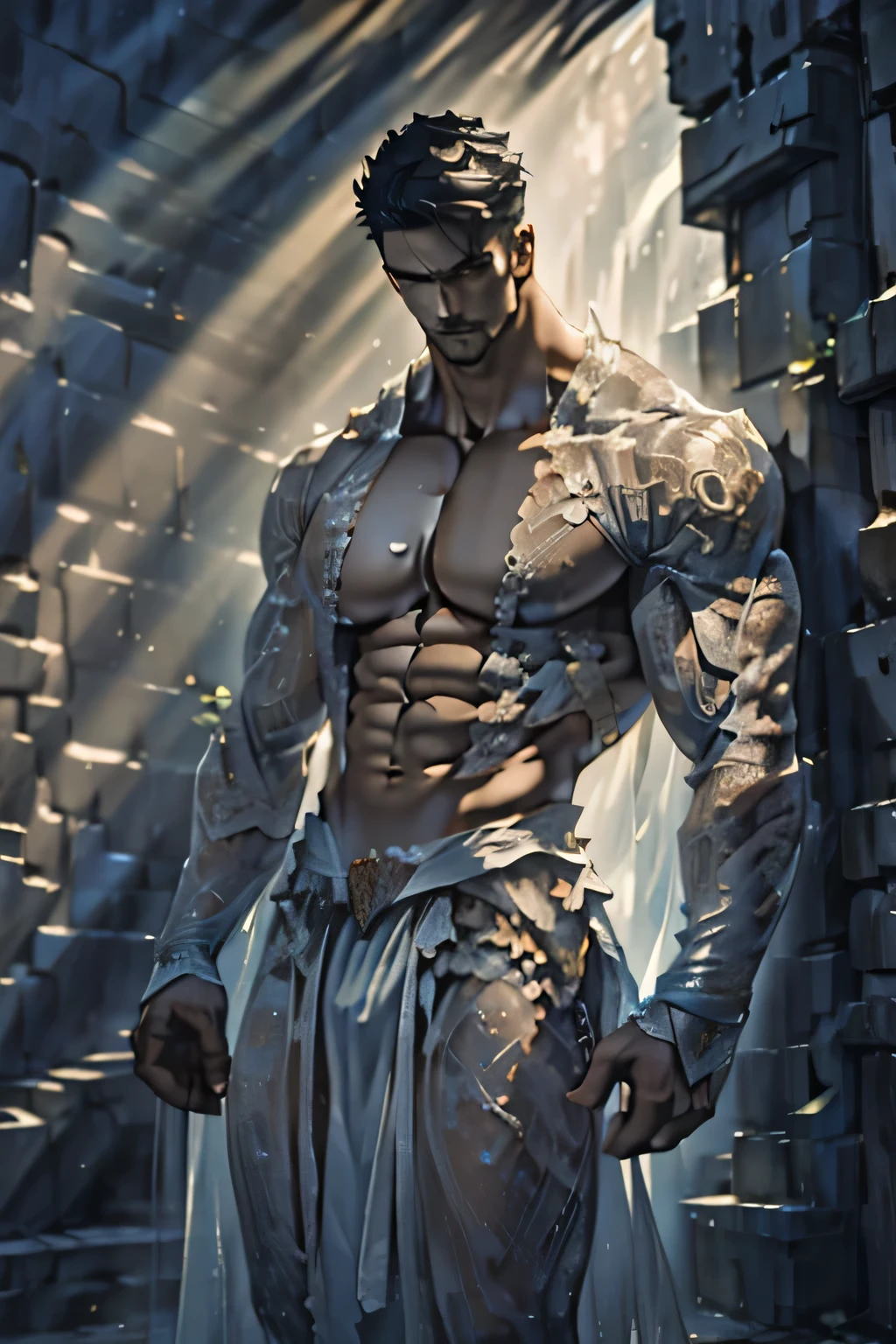 ((masterpiece)),((bestquality)),8k,high detailed,ultra-detailed, Neutral Expression, Stylish Pose, real skin texture, cinematic lighting, extremely masculine muscular men, 8pack abs, torn clothes,  extreme size difference,
Gay couple in the style of royal blue