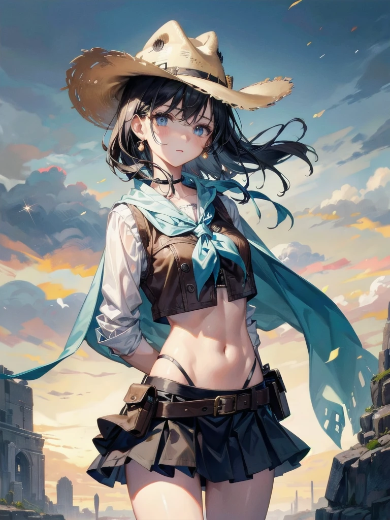 cowgirl costume, vest, cowboy hat, fingerless gloves, midriff, neckerchief, short skirt, holster, absurdres, RAW photo, extremely delicate and beautiful, masterpiece, Best Quality, ultra high resolution, 32k, hyperrealistic, ultra-detailed, perfect figure, tearful mole, earring, whole body shot, short medium hair, wavy hair,