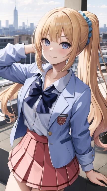masterpiece, best quality, highres, bbkei, long hair, blonde hair, ponytail, hair scrunchie, collarbone, blue bowtie, collared shirt, blue shirt, red jacket, blazer, open jacket, long sleeves, pleated skirt, white skirt, rooftop, outstretched arms, standing, smile, city