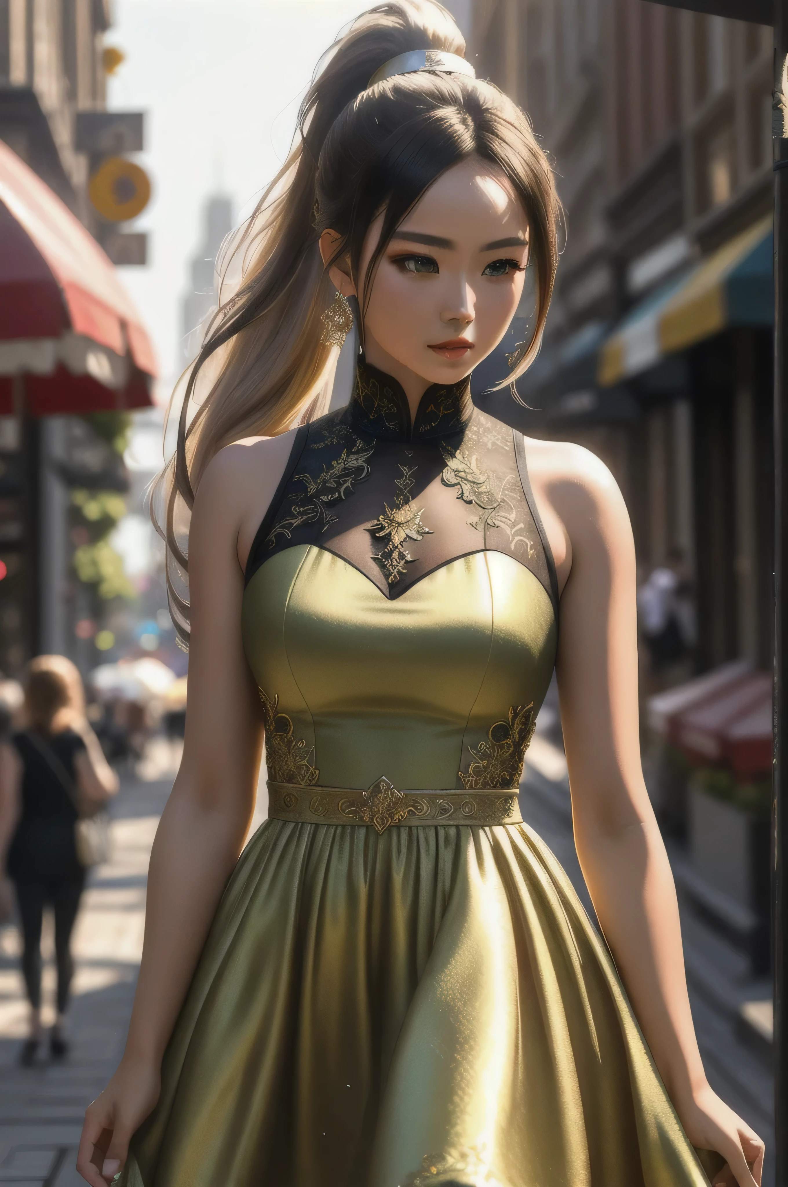 masterpiece, ultra detailed photography of a gorgeous humanoid dragon male, 1girl, (((21 year old girl))), perfectly drawn face, wearing a cute summer dress, shopping in a city street, 8k resolution, photorealistic, ultra-high quality, opulent detailed background, 32k, long white hair, messy ponytail, full lips, perfect anatomy, cinematic lighting, intricately detailed, volumetric lighting