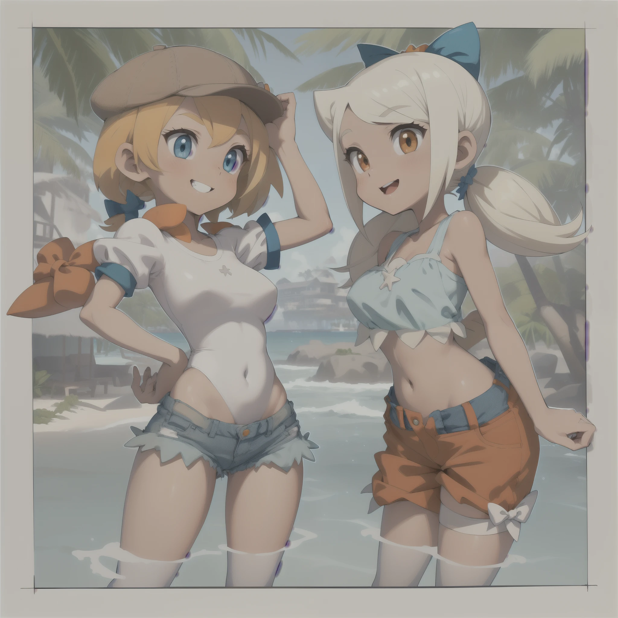 [Twitch and Vinegar], ((masterpiece)), ((HD)), ((high res)), ((duo portrait)), ((waist up)), ((front view)), ((detailed shading)), ((intricate details)), {attractive girls, (smooth skin), (yellow hair), (girl on left has short hair), (girl on right has large pigtails), (girl on left has cute blue eyes), (girl on right has cute red eyes), (curvy hips), (defined muscles), (cute smile), (white teeth)}, {(girl on left white leotard with jean shorts), (girl on left has brown ivy cap), (girl on right has crop top with orange shorts), (girl on right has a giant blue bow)}, {(standing on sand), (looking at viewer)}, [background; (beach), (beautiful ocean), (blue sky), (sun rays)]