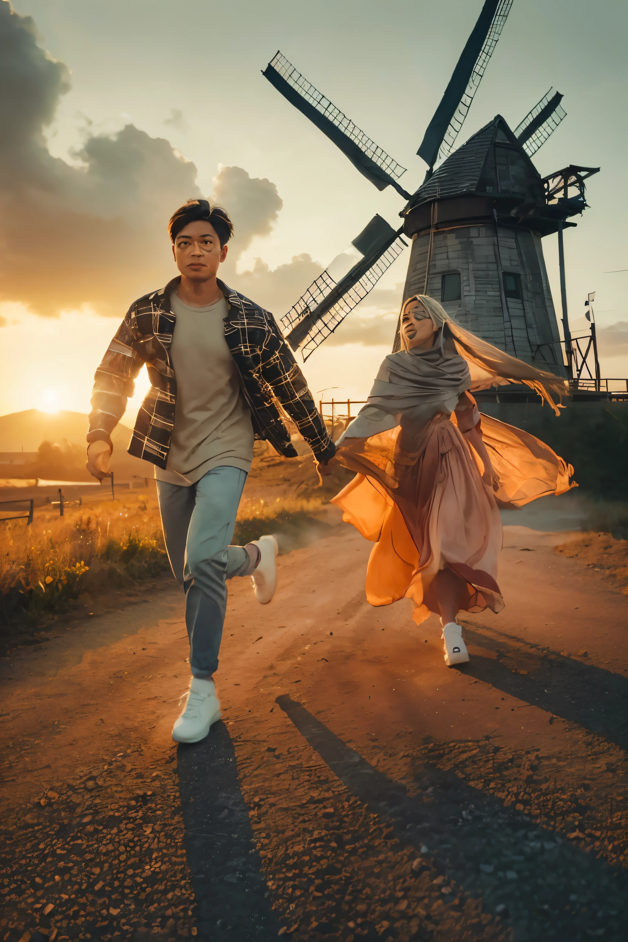 they are running down the road with a windmill in the background, taken at golden hour, cinematic photo shoot, shot at golden hour, cinematic photoshooting, profile picture 1024px, with sunset, cinematic photo, inspired by Rudy Siswanto, mid shot portrait, cinematic. by leng jun, 8k artistic portrait photography, during golden hour