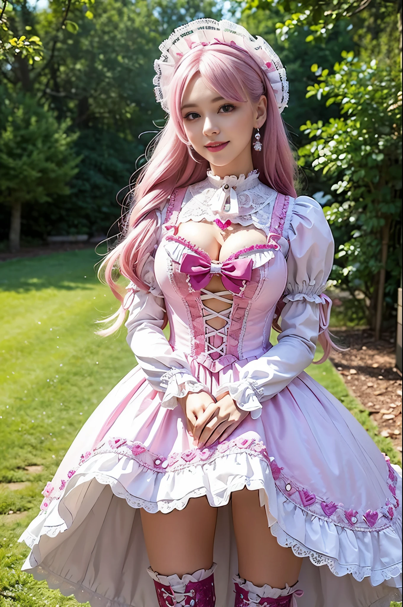 sexy stylish Swedish model, only 1 female, ((doll-like appearance)), long neon pink stylish hair, ((shiny Victorian-Style boots)), (big smile), ultra detailed eyes, very detailed eye makeup, lip-gloss, long lashes, defined eyebrows, ((sexy Sweet Lolita cosplay)), bell-shaped skirt, petticoats, high neckline, puffed sleeves, ((ultra detailed lace)), ((ultra detailed embroidery)), intricate details, animals, fairy tales, heart-shaped bag, Sweet Lolita accessoires, large bow, Sweet Lolita choker, ((large sparkling Sweet Lolita jewelry)), cinematic light, detailed large park background with trees