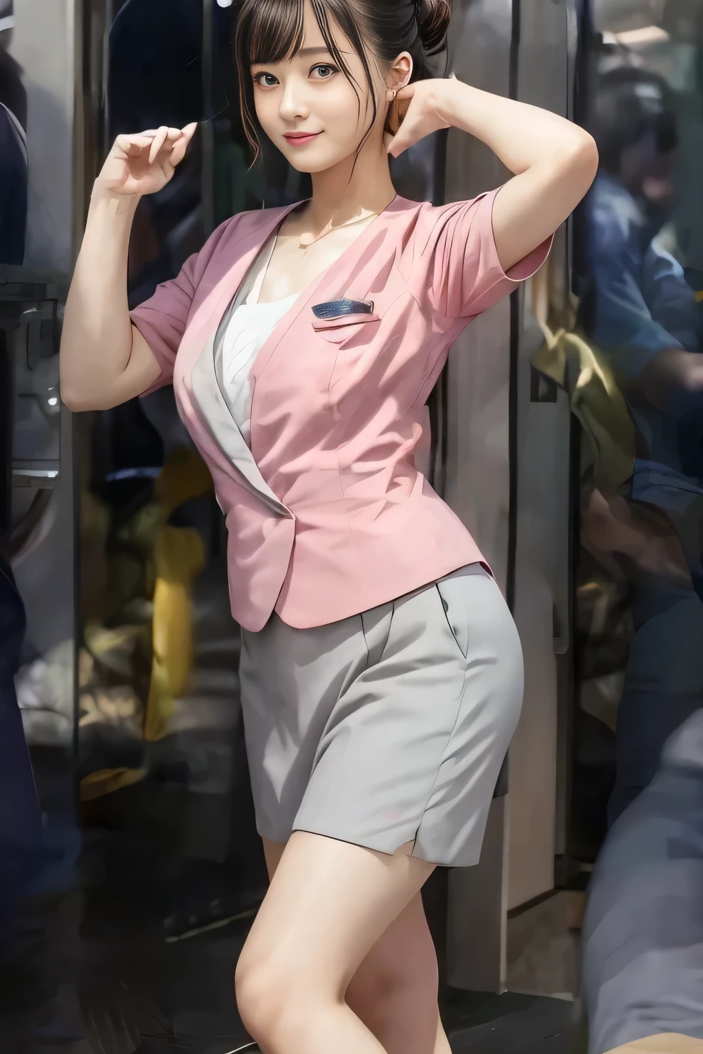 (masterpiece:1.2, highest quality:1.2), 32K HDR, High resolution, (alone、1 girl)、（On the rooftop of a building in the daytime、Professional Lighting）、Building rooftop background、（Nankai train crew uniform pinkを着たリアルスタイル）、（Nankai train crew uniform pink short sleeve pink jacket、Nankai Train Crew Uniform Pink Collarless Short Sleeve Blouse、Nankai Train Crew Uniform Pink Grey Knee-length Culottes）、Dark brown hair、（Hair tied up、Hair Bun、Hair Bun）、Dark brown hair、Long Shot、Big Breasts、Thin legs、（（Great hands：2.0）），（（Harmonious body proportions：1.5）），（（Normal limbs：2.0）），（（Normal finger：2.0）），（（Delicate eyes：2.0）），（（Normal eyes：2.0））)、smile、（Nankai Train Crew Uniform Pink Grey Knee-length Culottesを見せた美しい歩く姿）、Thin legs、Thin arms