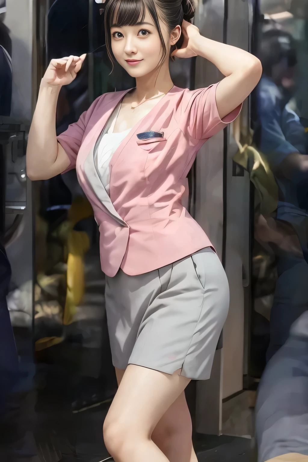 (masterpiece:1.2, highest quality:1.2), 32K HDR, High resolution, (alone、1 girl)、（On the rooftop of a building in the daytime、Professional Lighting）、Building rooftop background、（Nankai train crew uniform pinkを着たリアルスタイル）、（Nankai train crew uniform pink short sleeve pink jacket、Nankai Train Crew Uniform Pink Collarless Short Sleeve Blouse、Nankai Train Crew Uniform Pink Grey Knee-length Culottes）、Dark brown hair、（Hair tied up、Hair Bun、Hair Bun）、Dark brown hair、Long Shot、Big Breasts、Thin legs、（（Great hands：2.0）），（（Harmonious body proportions：1.5）），（（Normal limbs：2.0）），（（Normal finger：2.0）），（（Delicate eyes：2.0）），（（Normal eyes：2.0））)、smile、（Nankai Train Crew Uniform Pink Grey Knee-length Culottesを見せた美しい歩く姿）、Thin legs、Thin arms