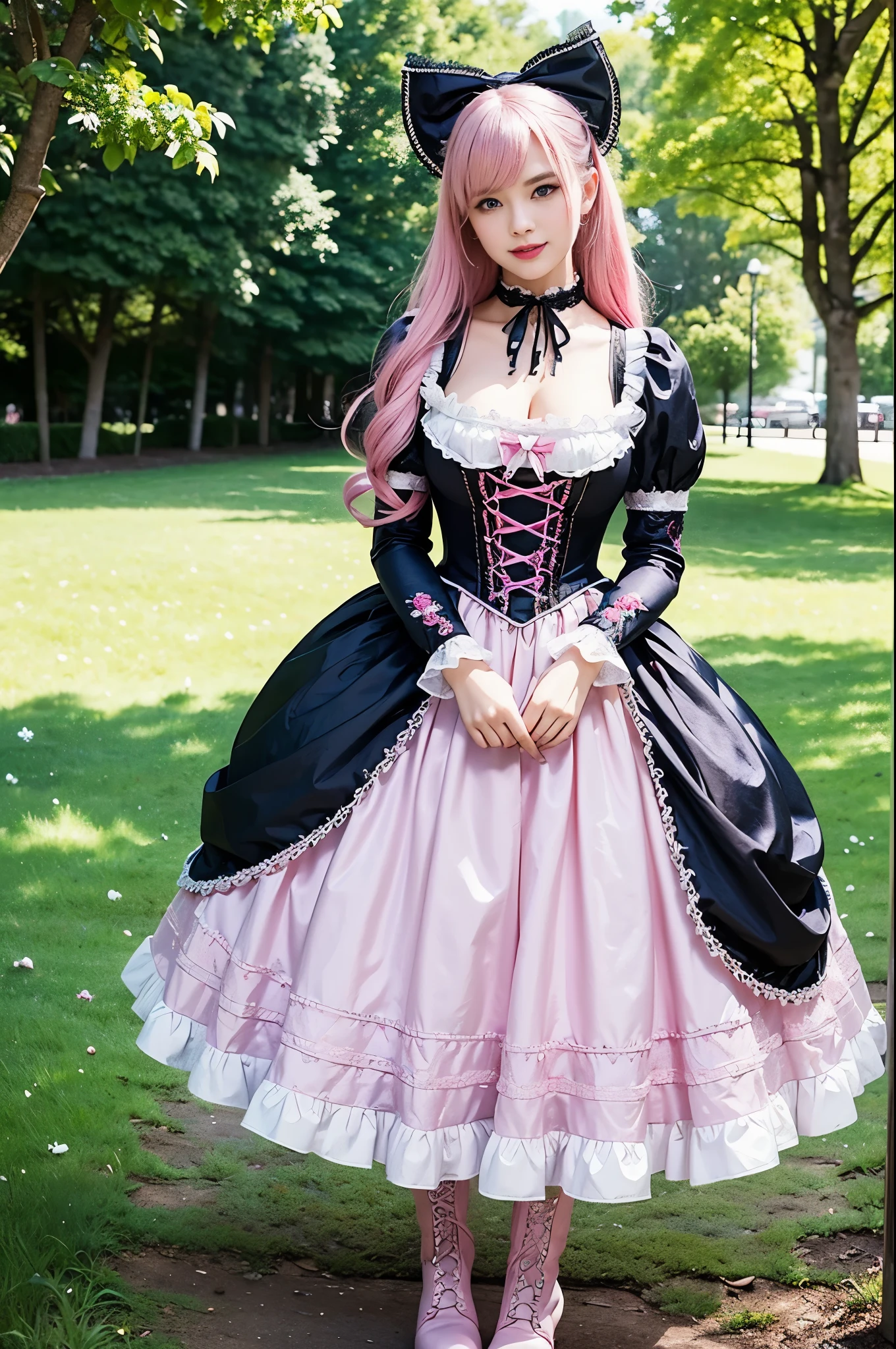 sexy stylish Swedish model, only 1 female, ((doll-like appearance)), long neon pink stylish hair, ((shiny Victorian-Style boots)), (big smile), ultra detailed eyes, very detailed eye makeup, lip-gloss, long lashes, defined eyebrows, ((sexy Sweet Lolita cosplay)), bell-shaped skirt, petticoats, high neckline, puffed sleeves, ((ultra detailed lace)), ((ultra detailed embroidery)), intricate details, animals, fairy tales, heart-shaped bag, Sweet Lolita accessoires, large bow, Sweet Lolita choker, ((large sparkling Sweet Lolita jewelry)), cinematic light, detailed large park background with trees