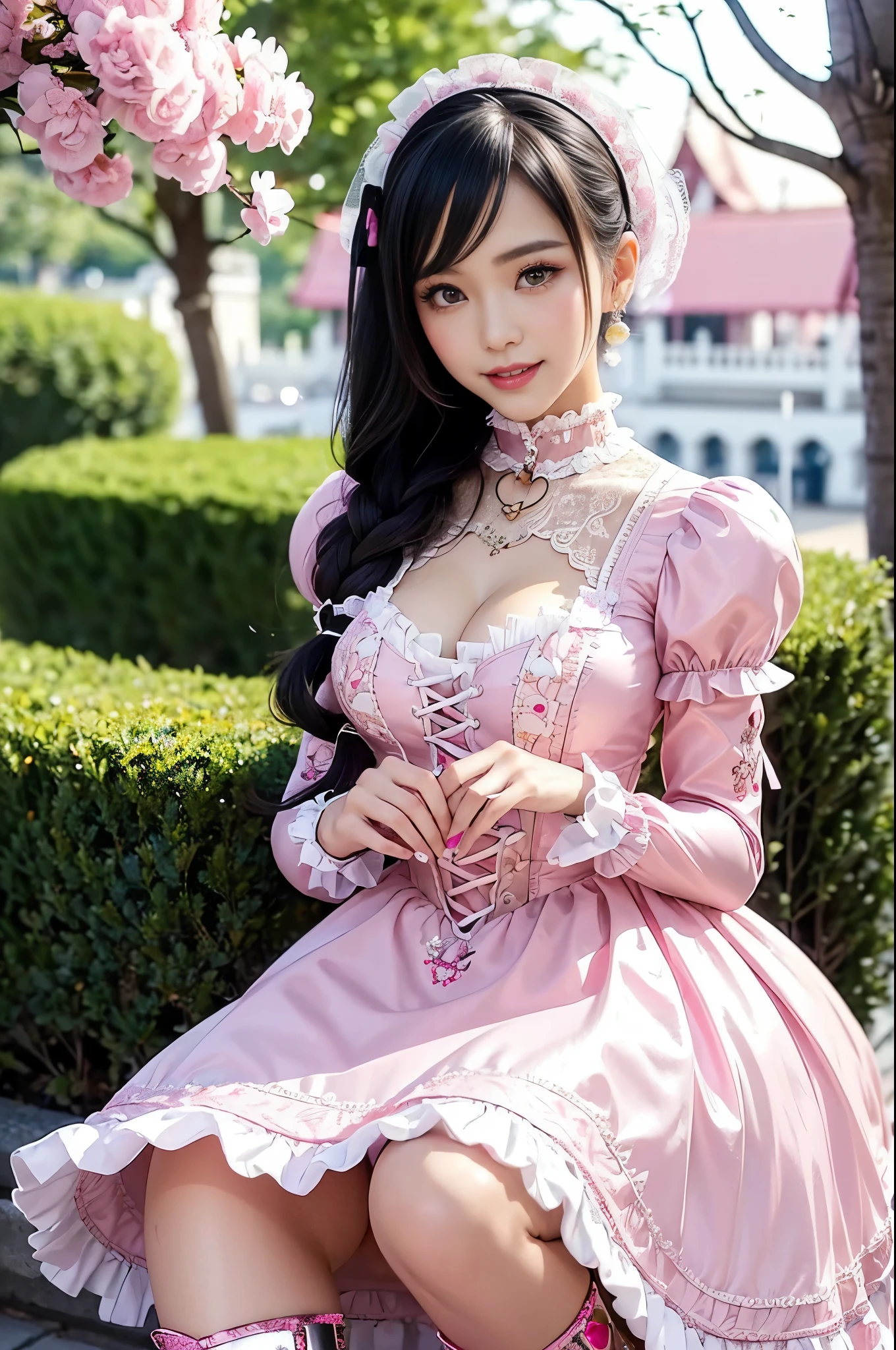 sexy stylish Thai model, only 1 female, ((doll-like appearance)), long neon pink stylish hair, ((shiny Victorian-Style boots)), (big smile), ultra detailed eyes, very detailed eye makeup, lip-gloss, long lashes, defined eyebrows, ((sexy Sweet ta cosplay)), bell-shaped skirt, petticoats, high neckline, puffed sleeves, ((ultra detailed lace)), ((ultra detailed embroidery)), intricate details, animals, fairy tales, heart-shaped bag, Sweet Loliccessoires, large bow, Sweet Lolita cr, ((large sparkling Sweet Lolita jewel, cinematic light, detailed large park background with trees