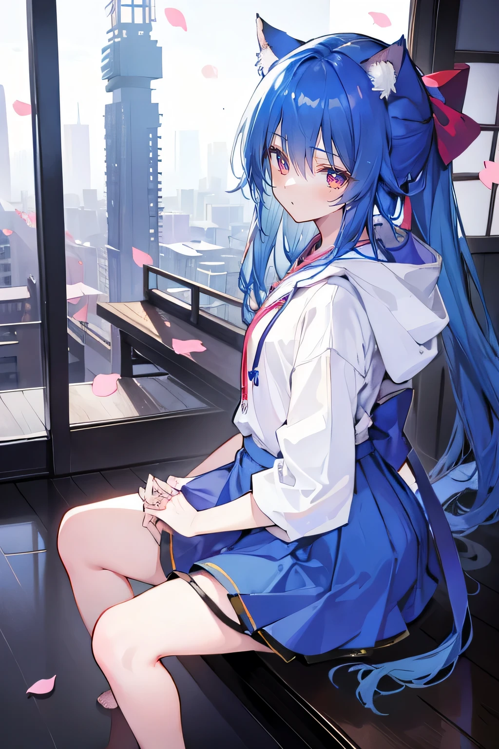 （masterpiece：1.2），Super detailed，lifelike，Expressive eyes，fair skin，perfect face shape，1 girl，
Japanese comics,Gorgeous blue hair,flowing blue hair,flowing clothes,Cat ears,Petals fall,beautiful lola,Baby Angel,
Shaking head with one hand，Cross your legs，Gentle and peaceful background，The pavilion is cool and comfortable,smile, wearing hoodie, background of tokyo,back views.