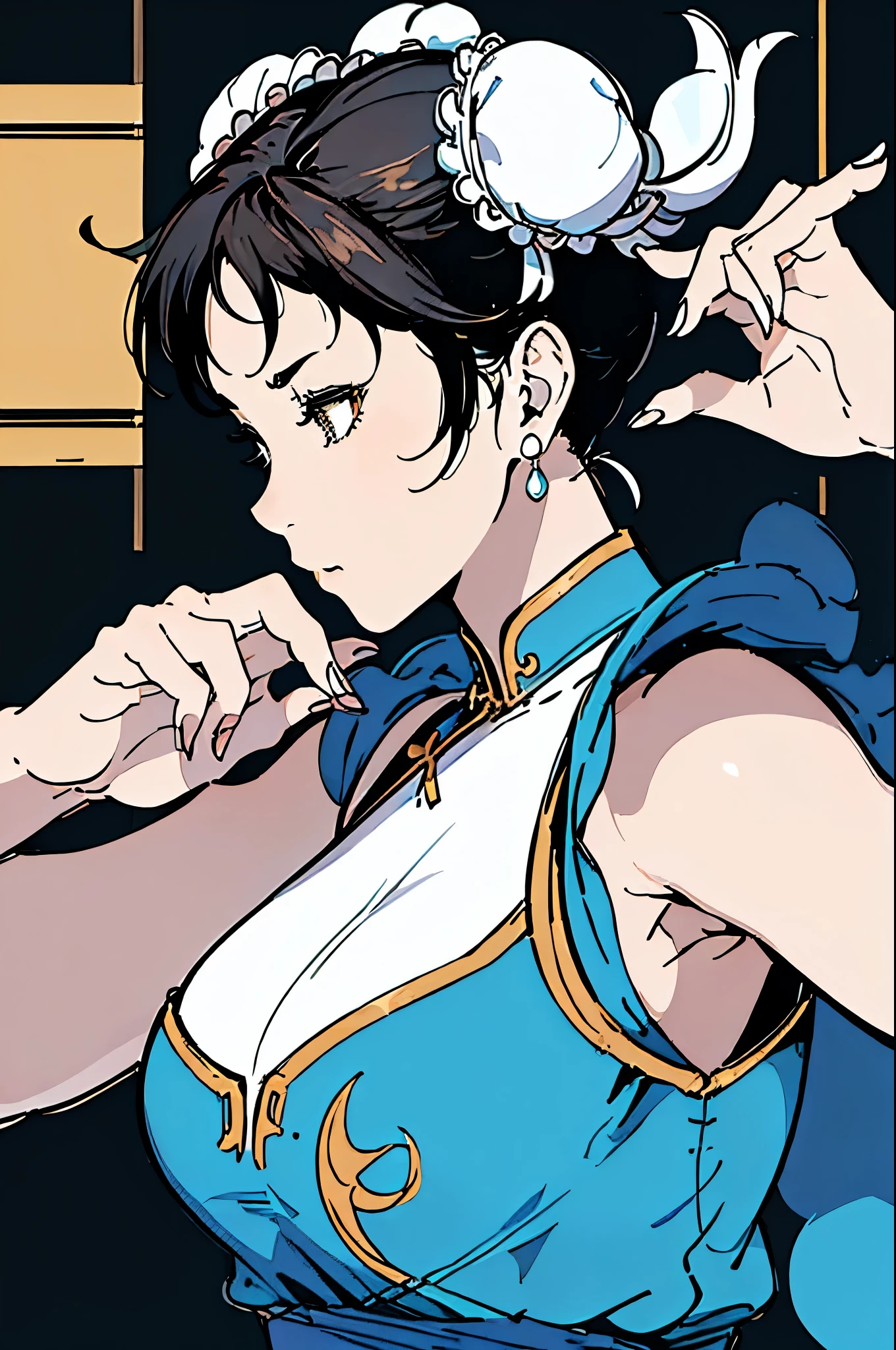 ((masterpiece,best qualtiy)),1girl,solo,ChunLi,upper body,beautiful night street background、profile、Upper Body、Large Breasts、