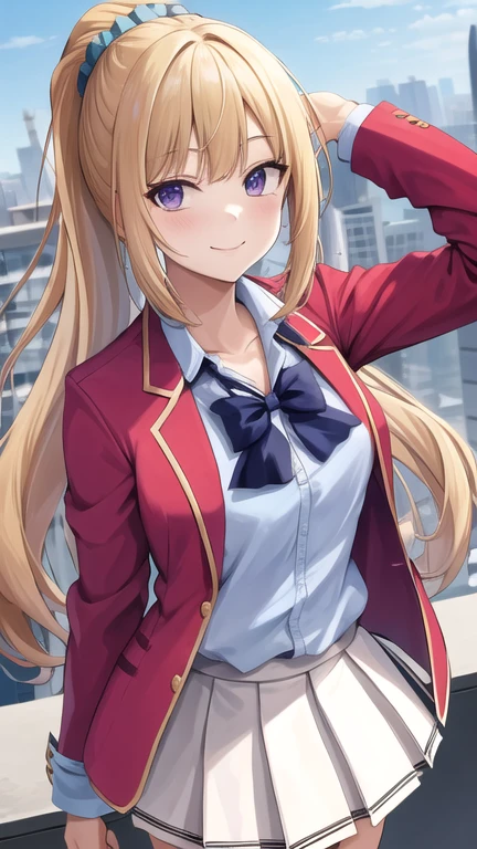 masterpiece, best quality, highres, bbkei, long hair, blonde hair, ponytail, hair scrunchie, collarbone, blue bowtie, collared shirt, blue shirt, red jacket, blazer, open jacket, long sleeves, pleated skirt, white skirt, rooftop, outstretched arms, standing, smile, city