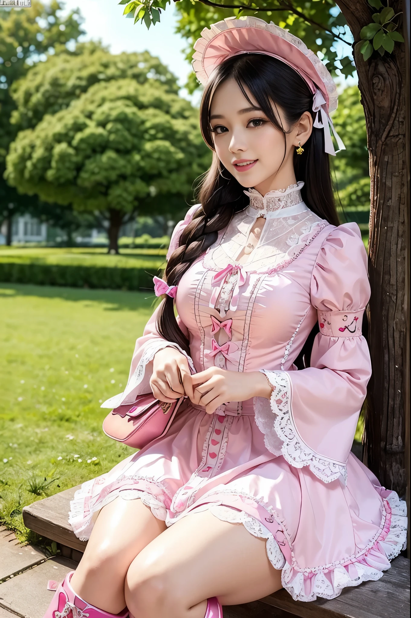 sexy stylish Thai model, only 1 female, ((doll-like appearance)), long neon pink stylish hair, ((shiny Victorian-Style boots)), (big smile), ultra detailed eyes, very detailed eye makeup, lip-gloss, long lashes, defined eyebrows, ((sexy Sweet ta cosplay)), bell-shaped skirt, petticoats, high neckline, puffed sleeves, ((ultra detailed lace)), ((ultra detailed embroidery)), intricate details, animals, fairy tales, heart-shaped bag, Sweet Loliccessoires, large bow, Sweet Lolita cr, ((large sparkling Sweet Lolita jewel, cinematic light, detailed large park background with trees