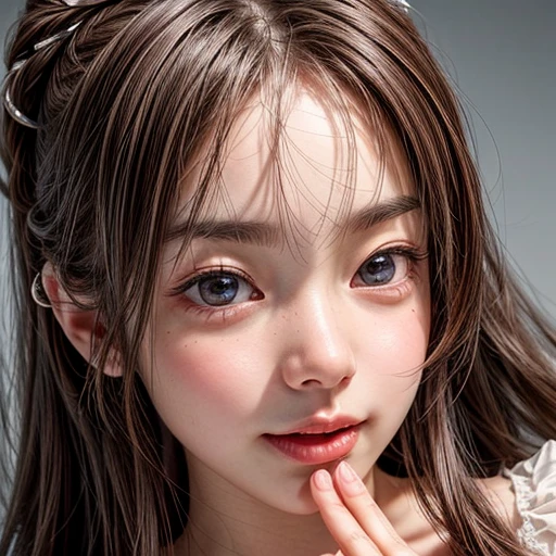 (highest quality,Super detailed,Physically Based Rendering:1.2), Realistic,Portraiture,Beautiful young woman with long wavy hair and captivating eyes,Delicate facial features,Soft lighting, Vibrant colors, ((Playfully licking fingers with tongue, Gently placing a finger in the mouth)),Subtle expressions of joy and anticipation,Romantic atmosphere, (Close-up shot of sensual lips),Cheeks turn slightly red,Sensual and sophisticated,A gentle and captivating gaze. centered, Studio gray background .