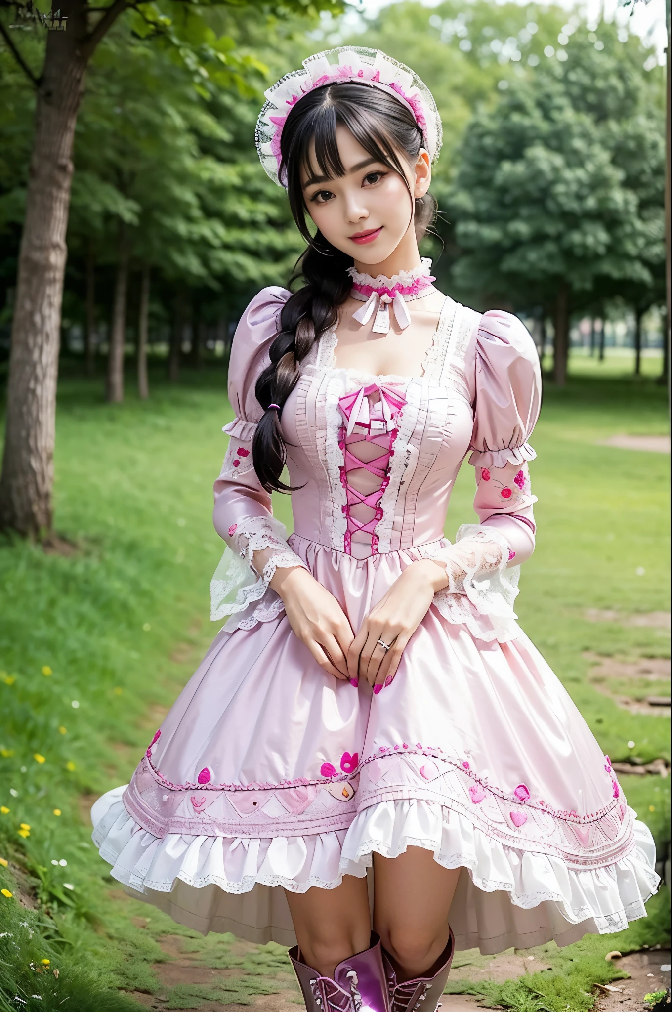 sexy stylish Thai model, only 1 female, ((doll-like appearance)), long neon pink stylish hair, ((shiny Victorian-Style boots)), (big smile), ultra detailed eyes, very detailed eye makeup, lip-gloss, long lashes, defined eyebrows, ((sexy Sweet Lolita cosplay)), bell-shaped skirt, petticoats, high neckline, puffed sleeves, ((ultra detailed lace)), ((ultra detailed embroidery)), intricate details, animals, fairy tales, heart-shaped bag, Sweet Lolita accessoires, large bow, Sweet Lolita choker, ((large sparkling Sweet Lolita jewelry)), cinematic light, detailed large park background with trees