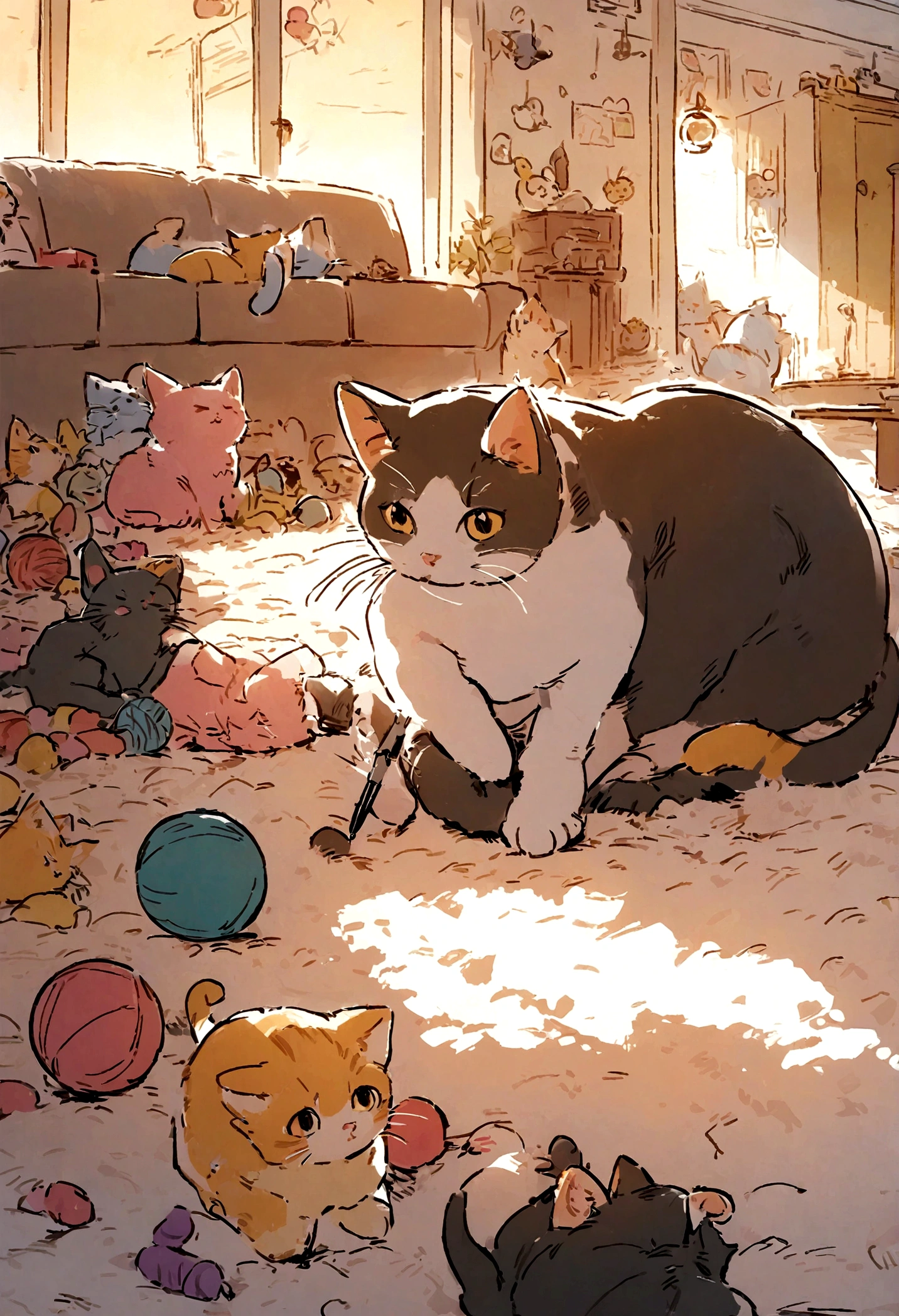 Cat Coloring Pages, a playful kitten batting at a ball of yarn, surrounded by scattered toys, set in a cozy living room with a plush rug and warm lighting, an atmosphere of lively fun and innocence, Artwork, hand-drawn style with fine pen and ink detailing, --ar 16:9 --v 5