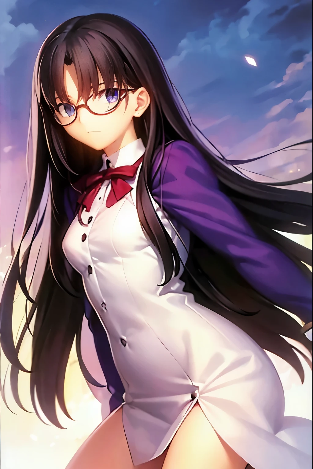 highest quality、masterpiece、Long Black Hair、Purple glasses、A quiet girl、16-year-old high school student、A quiet-looking librarian、Small breasts、Brown Eyes、Hair Shine、Tear bags、double eyelid、Long eyelashes、Droopy eyes、Pink Lips、uniform、Character Full Body、White background