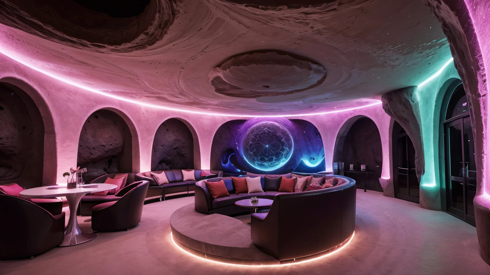bar, close-up of a sofa and table in a circular room with a large, soft curved desert cave wall, grand espace, large room interior, style futuriste, design futuriste, architecture martienne, futuristic curved interior ceiling, surreal materials, Futuristic interior, claustrophobe et futuriste , Cave system, beautiful aesthetic design, dans le style de Zaha Hadid, écran LED couleur, affichant des images de l'espace virtuel, brillant, fantaisiste, curved in space, attractive interior, interior walls slightly curved like desert caves, écrans LED décorant les murs, cave style interior, architecture fantastique, shiny interior, whimsical and colorful, boire du vin, some beer, lots of magical and unique mixed lights, colorful lights, Psychedelic Lighting, couleurs et atmosphère atmosphère magique, psychedelic waves, éclairage LED impressionnant, couleurs et atmosphère magiques,