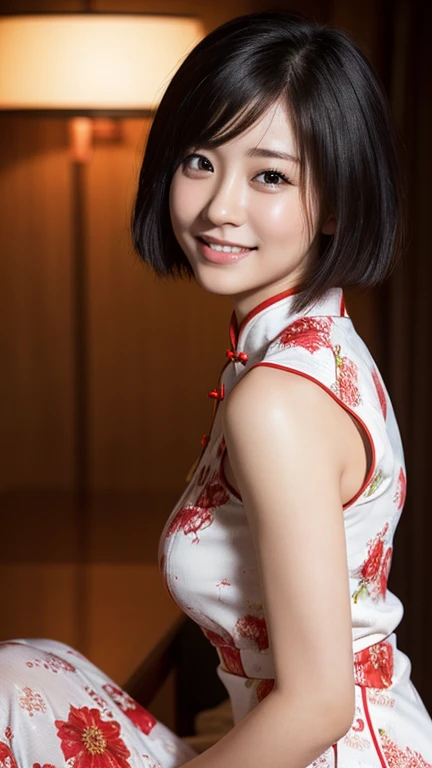 (RAW Photos:1.2), (Realistic:1.4), Beautiful detailed girl, Very detailed eyes and face, Beautiful details, Ridiculous, incredibly Ridiculous, Large file size, Very detailed, High resolution, Very detailed, highest quality, masterpiece, kemomimi, ((Japanese Girls)),、 shape, Very detailed, CG, Unified, 8k wallpaper, wonderful, Fine details, masterpiece, highest quality, Very detailed CG uniform 8k wallpaper, Light on the face, Cinema Lighting,( One Girl),Feeling Face、(Big Ass)、(Upper body from the knee up)、((White with red floral pattern qipao))、((Sleeveless))(Ample breasts:1.3)、24-years-old、very,short hair、Shiny black hair、Looking into the camera、(Big smile 1:4):((Knee to upper body)),Are standing,