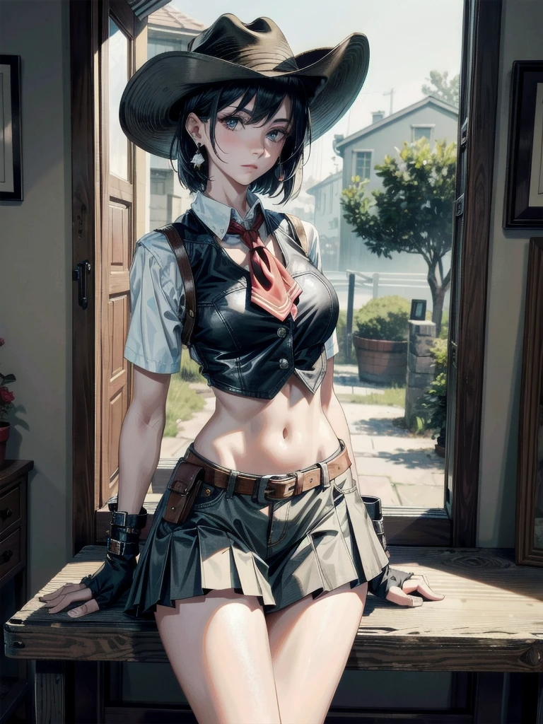 whole body shot, absurdres, RAW photo, extremely delicate, extremely beautiful, masterpiece, Best Quality, ultra high resolution, 32k, hyperrealistic, ultra-detailed description, perfect anatomy, correct body, pale skin, 20 years old, detailed beautiful face, detailed beautiful face eyes, tearful mole, earring, short medium hair, black hair, medium tits, cowgirl costume, vest, cowboy hat, fingerless gloves, midriff, neckerchief, short skirt, holster, 