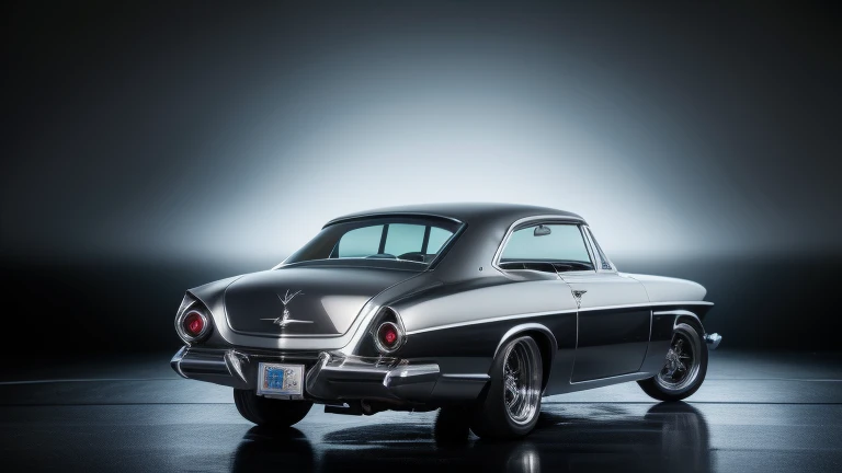 1960s luxury sedan, rear view, futuristic car, mystery, epic scene, fantasy car, classic car, highly detailed, photorealistic, ultra-detailed, 8k, masterpiece, best quality, award winning, dramatic lighting, cinematic, moody atmosphere, chiaroscuro, dynamic composition, intricate details, gleaming chrome, glossy paint, seamless integration, stunning realism