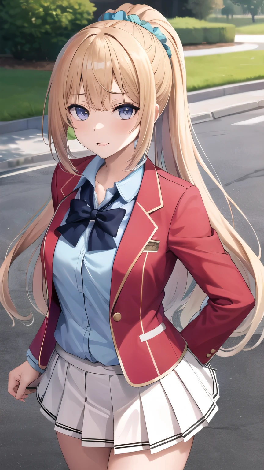 masterpiece, best quality, highres, bbkei, long hair, blonde hair, ponytail, hair scrunchie, collarbone, blue bowtie, collared shirt, blue shirt, red jacket, blazer, open jacket, long sleeves, pleated skirt, white skirt, outdoors, standing, cowboy shot,