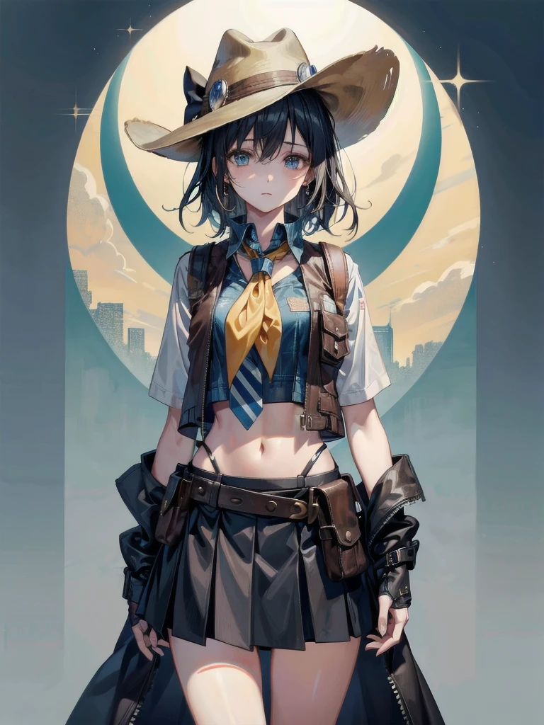 cowgirl costume, vest, cowboy hat, fingerless gloves, midriff, neckerchief, short skirt, holster, absurdres, RAW photo, extremely delicate and beautiful, masterpiece, Best Quality, ultra high resolution, 32k, hyperrealistic, ultra-detailed, perfect figure, tearful mole, earring, whole body shot, short medium hair, wavy hair,