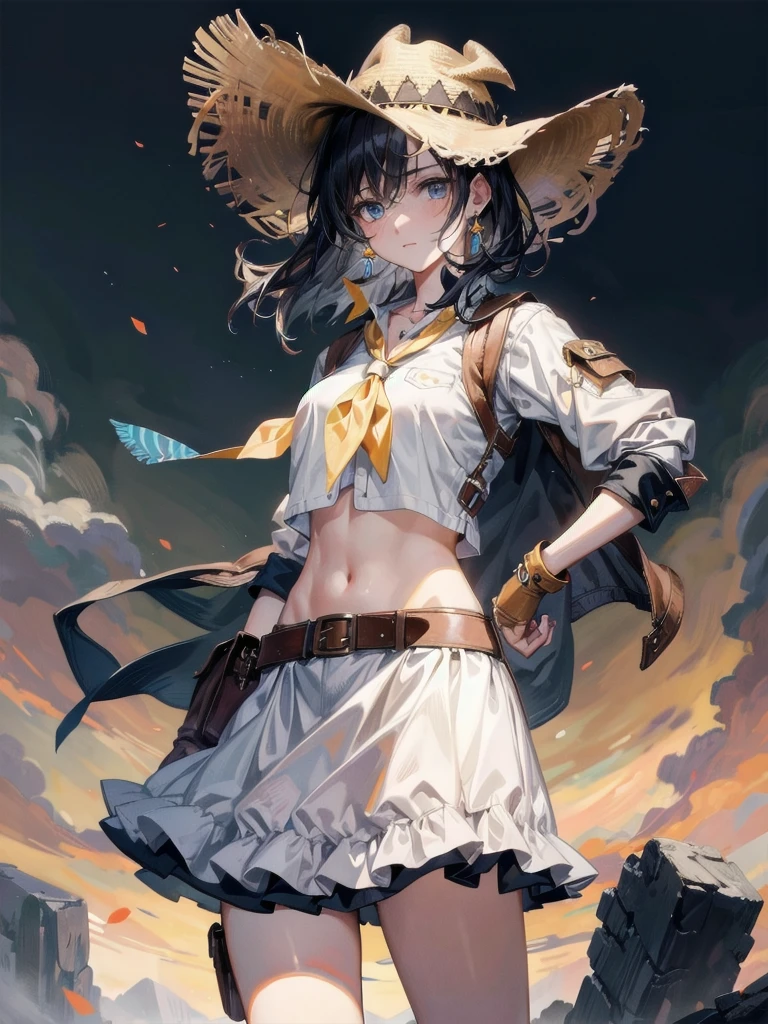 cowgirl costume, vest, cowboy hat, fingerless gloves, midriff, neckerchief, short skirt, holster, absurdres, RAW photo, extremely delicate and beautiful, masterpiece, Best Quality, ultra high resolution, 32k, hyperrealistic, ultra-detailed, perfect figure, tearful mole, earring, whole body shot, short medium hair, wavy hair,