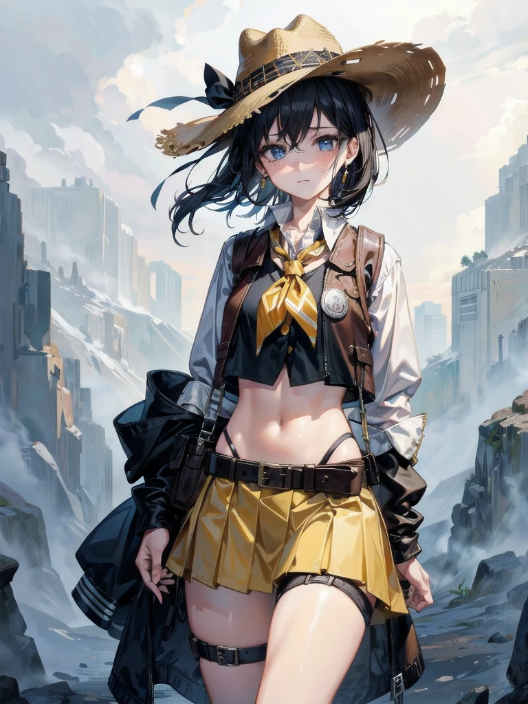 cowgirl costume, vest, cowboy hat, fingerless gloves, midriff, neckerchief, short skirt, holster, absurdres, RAW photo, extremely delicate and beautiful, masterpiece, Best Quality, ultra high resolution, 32k, hyperrealistic, ultra-detailed, perfect figure, tearful mole, earring, whole body shot, short medium hair, wavy hair,