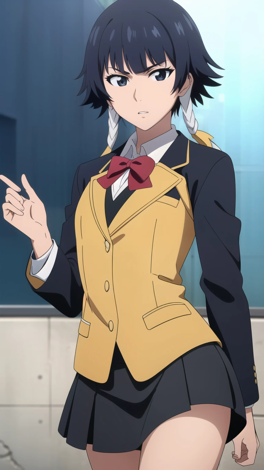 soifon, soifon, short hair, bangs, black hair, short hair with long locks, (black eyes:1.2), small breasts,(slender:1.2),Glare, (school uniform, blazer,mini skirt:1.2), 
dynamic pose, dynamic angles, looking at viewer,
 (masterpiece best quality, 8k:1.2),(anime), high resolution, unity 8k wallpaper, (illustration:0.8), (beautiful detailed eyes:1.2), extremely detailed face, perfect lighting, extremely detailed CG, (perfect hands, perfect anatomy),