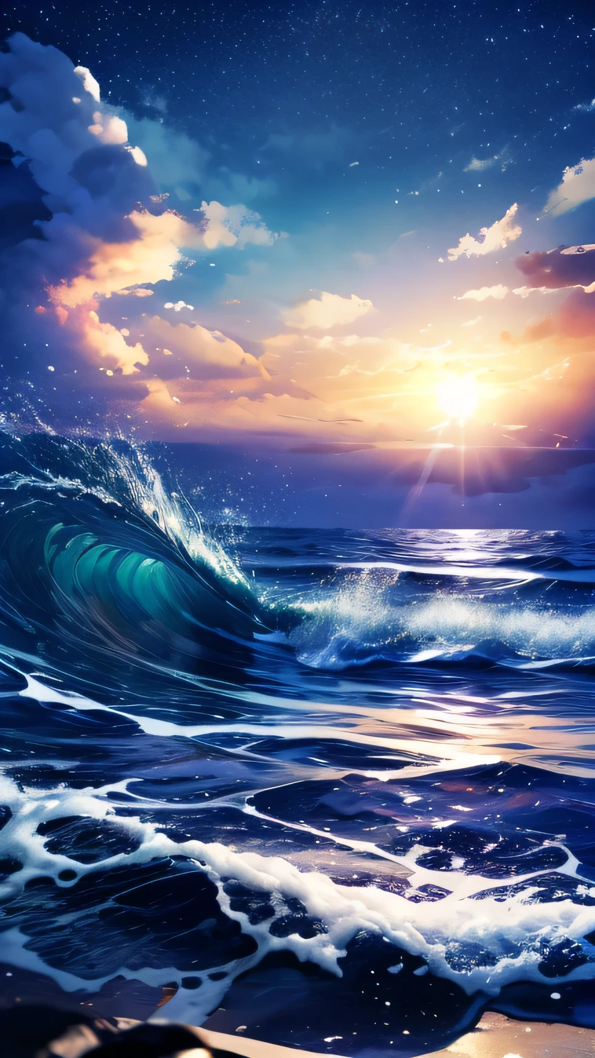 highest quality、masterpiece、Sea of night、Wave、moon