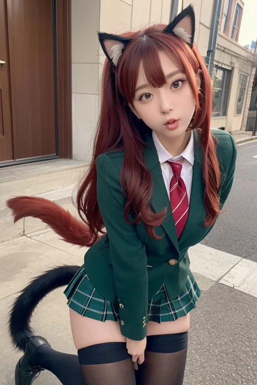 School grounds、Beautiful high school girls 1.5、(((The tail is protruding))、High school girl uniform 1.5、Fishnet tights、Garter Stockings、(Deep green blazer uniform、Woman in a mini skirt 1.5)、Large breasts、The nipples are erect、Open your mouth wide 1.2)、A nice build of medium build、Red collar 1.5、Nice body 1.5))、(I have long hair、Loose Curly Hair、Red Hair 1.5、Cat Ears、Long fox tail 1.5)、Full Body Shot