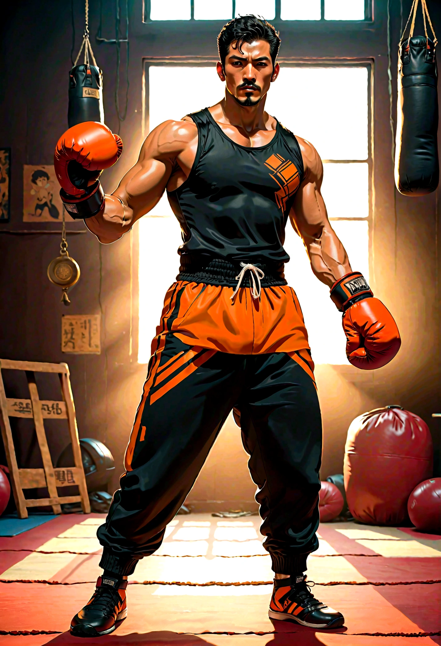homem treinando tae kwon , estilo comics , vestindo camiseta regata preta, boxing gloves and orange sweatpants