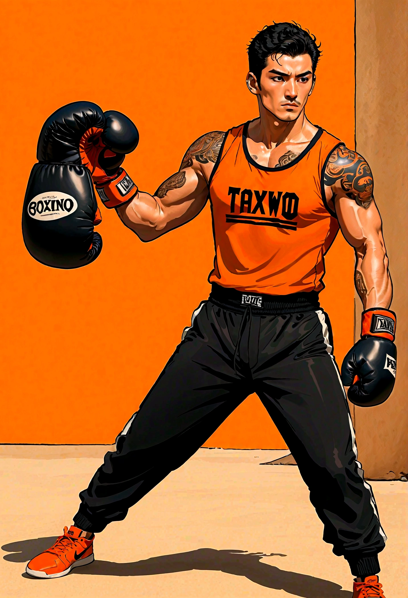 homem treinando tae kwon , estilo comics , vestindo camiseta regata preta, boxing gloves and orange sweatpants