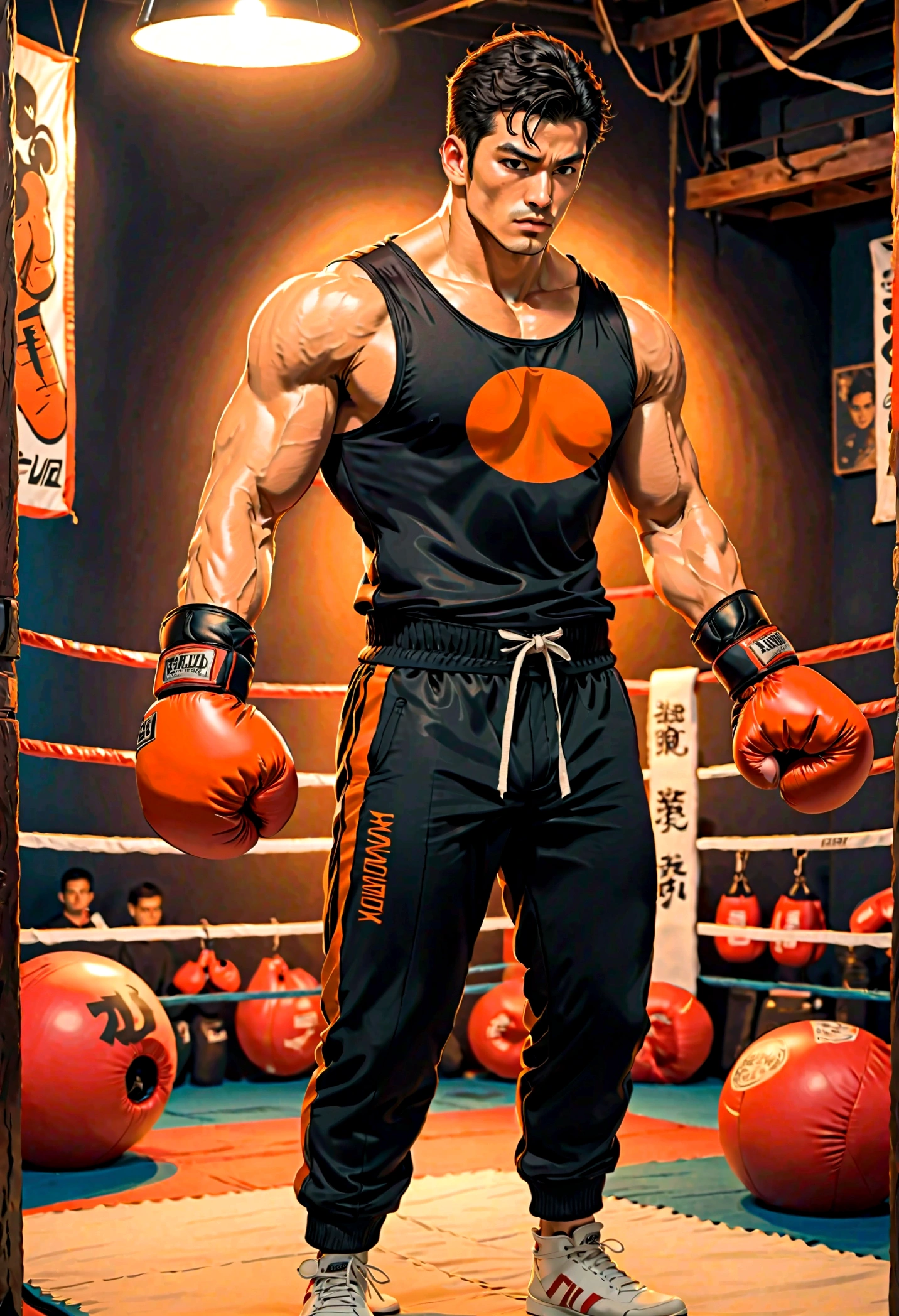 homem treinando tae kwon , estilo comics , vestindo camiseta regata preta, boxing gloves and orange sweatpants