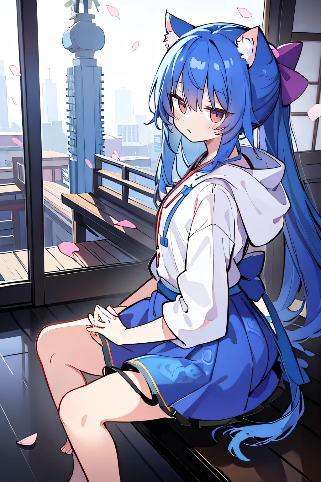 (masterpiece:1.2),Super detailed,lifelike,Expressive eyes,fair skin,perfect face shape,1 girl,
Japanese comics,Gorgeous blue hair,flowing blue hair,flowing clothes,Cat ears,Petals fall,beautiful lola,Baby Angel,
Shaking head with one hand,Cross your legs,Gentle and peaceful background,The pavilion is cool and comfortable,smile, wearing hoodie, background of tokyo,back views.