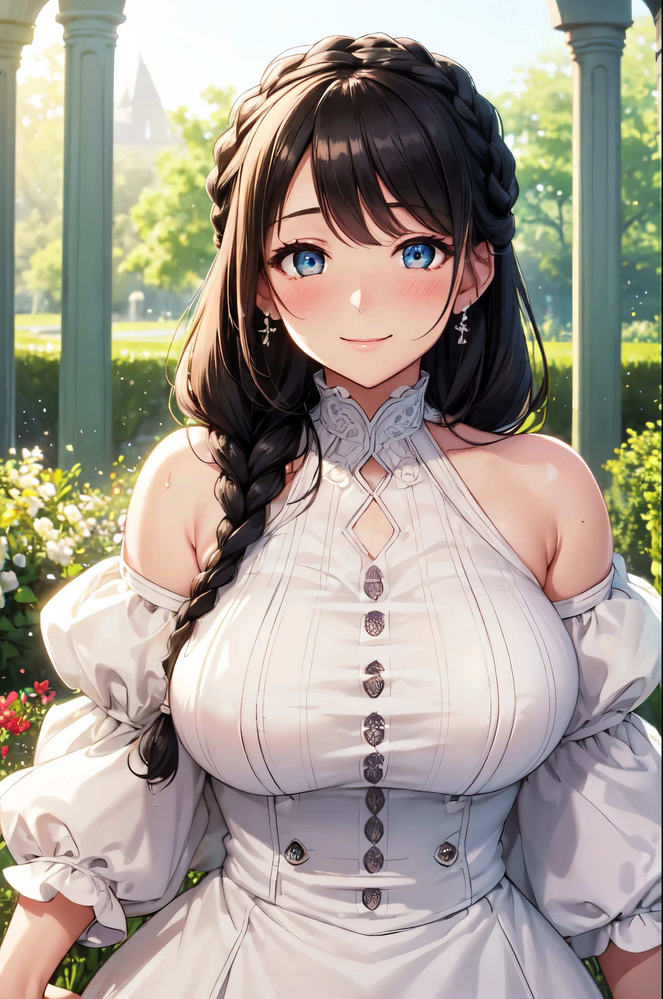 (High quality, High resolution, Fine details), garden, White Dress, Vibrant, solo, curvy adult women, Black Braided hair, sparkling eyes, (Detailed eyes:1.2), smile, blush, Sweat, Oily skin, Fresh breeze, Shining sunshine, Soft tones, shallow depth of field