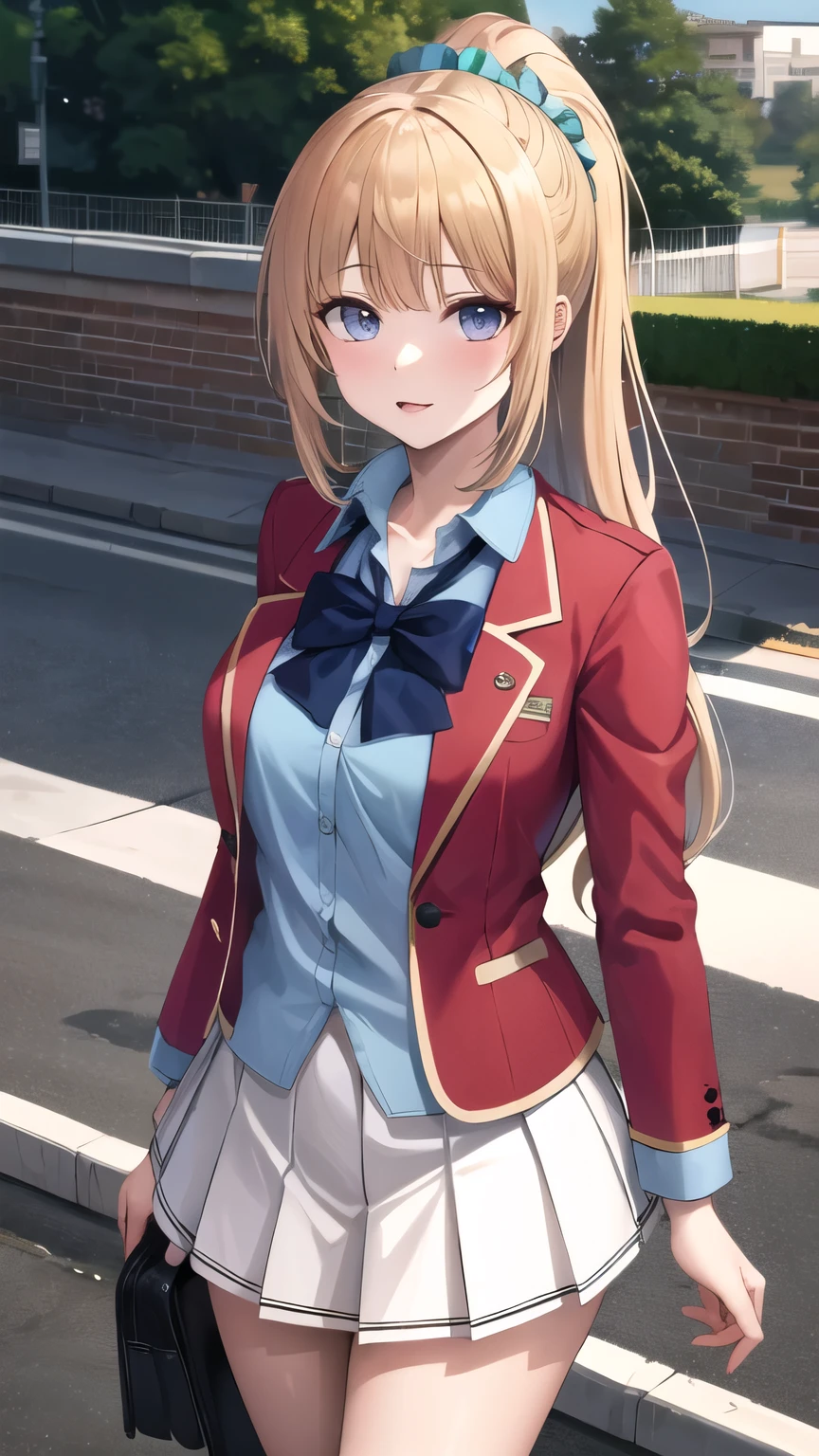 masterpiece, best quality, highres, bbkei, long hair, blonde hair, ponytail, hair scrunchie, collarbone, blue bowtie, collared shirt, blue shirt, red jacket, blazer, open jacket, long sleeves, pleated skirt, white skirt, outdoors, standing, cowboy shot,