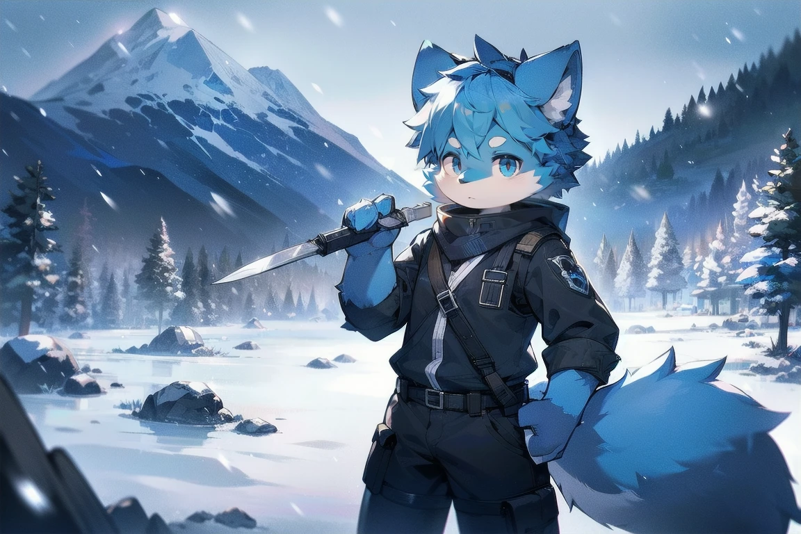 a male werewolf wearing black combat uniform, blue scarf, grey-white fur, sky blue eyes, in a snowy mountain landscape, holding a knife in each hand, wolf ears, fluffy fur, wolf tail, snowing, the only person