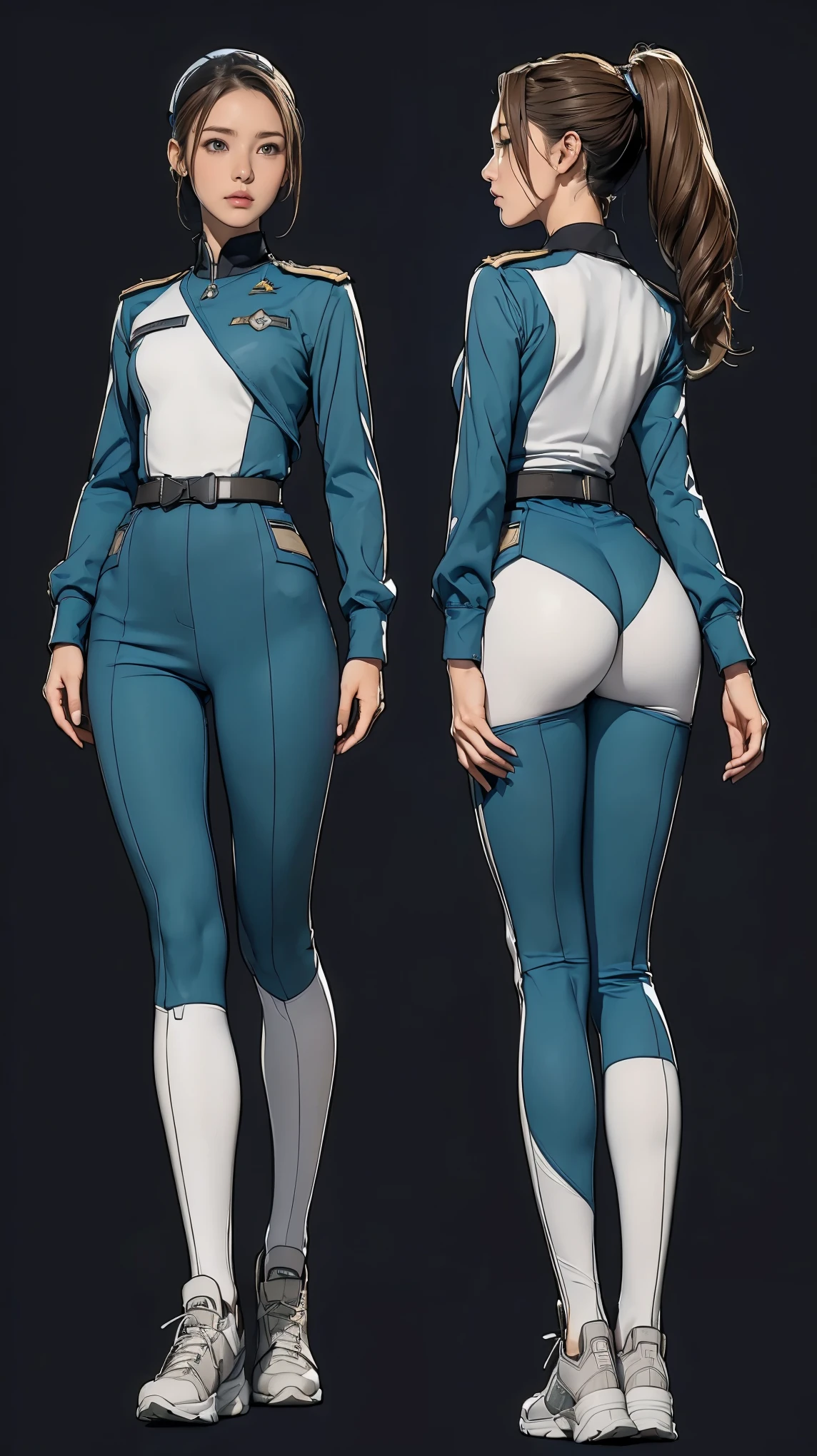 ((masterpiece)),(((highest quality))),((Reference Sheet, Character Design, front, return, ~ ~ ~ side, Mr...々Hairstyle, Mr...々performance, Facial Expressions)), 14-year-old girl, Cute type, (Very slim:1.4), (Very small ass:1.4), Realistic buttocks, Mid-chest, Blonde ponytail:1.2,Thin thighs, Long legs, It's not a big deal,(A female Earth Federation officer is walking), (Wearing Earth Federation military uniform, White and dark grey uniform),(Worn by federal government employees'White Hat:1.5)